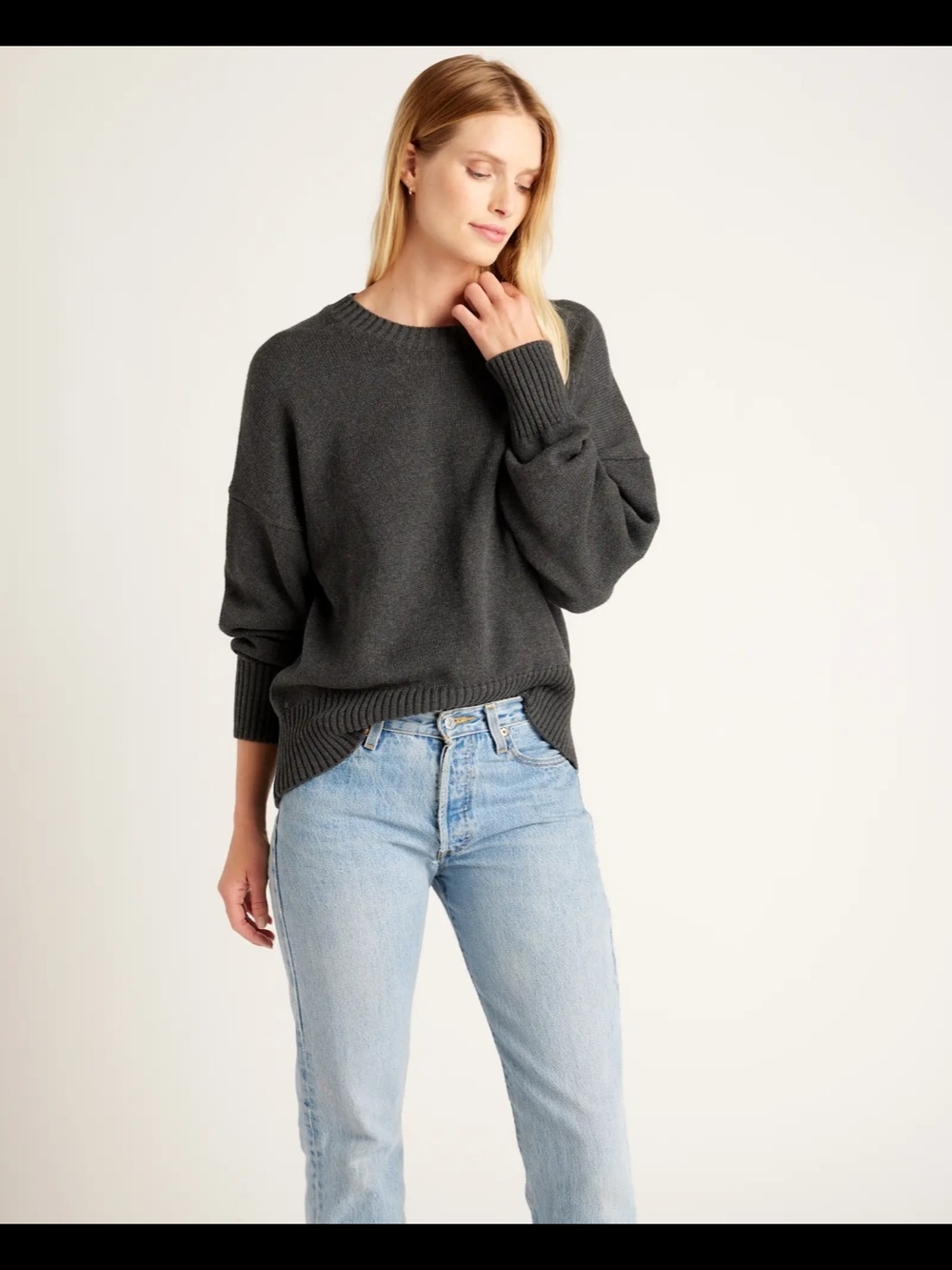 Quince 100% Organic Cotton Boyfriend Crewneck Sweater Charcoal Small - Picture 1 of 6
